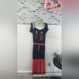 Floral Embroidered Blue and Red Maxi Dress